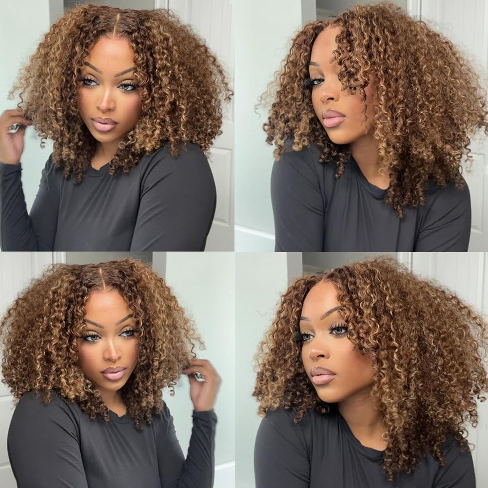 16 inch Wear and Go Glueless Wig Ombre Highlight 4/27 Afro Kinkycurly Wigs Pre Cut HD Lace Wig human hair Pre Plucked,Natural Hairline for Women 200% Density