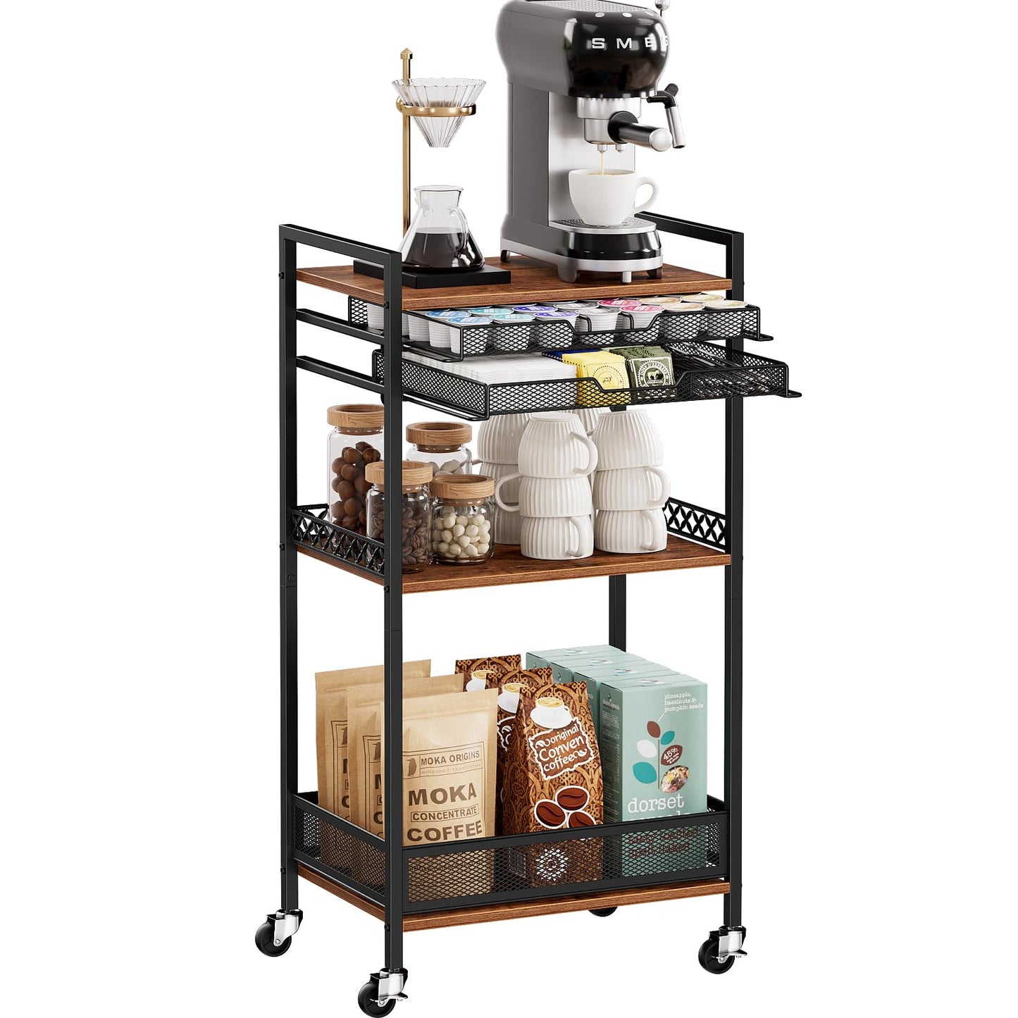 Plaviya K Cup Holder Rack, Coffee Station Organizer for Nespresso Vertuo and K Cup Capsules, Multi-Functional Bar Accessories Organizer With Wheels for Living Room, Kitchen