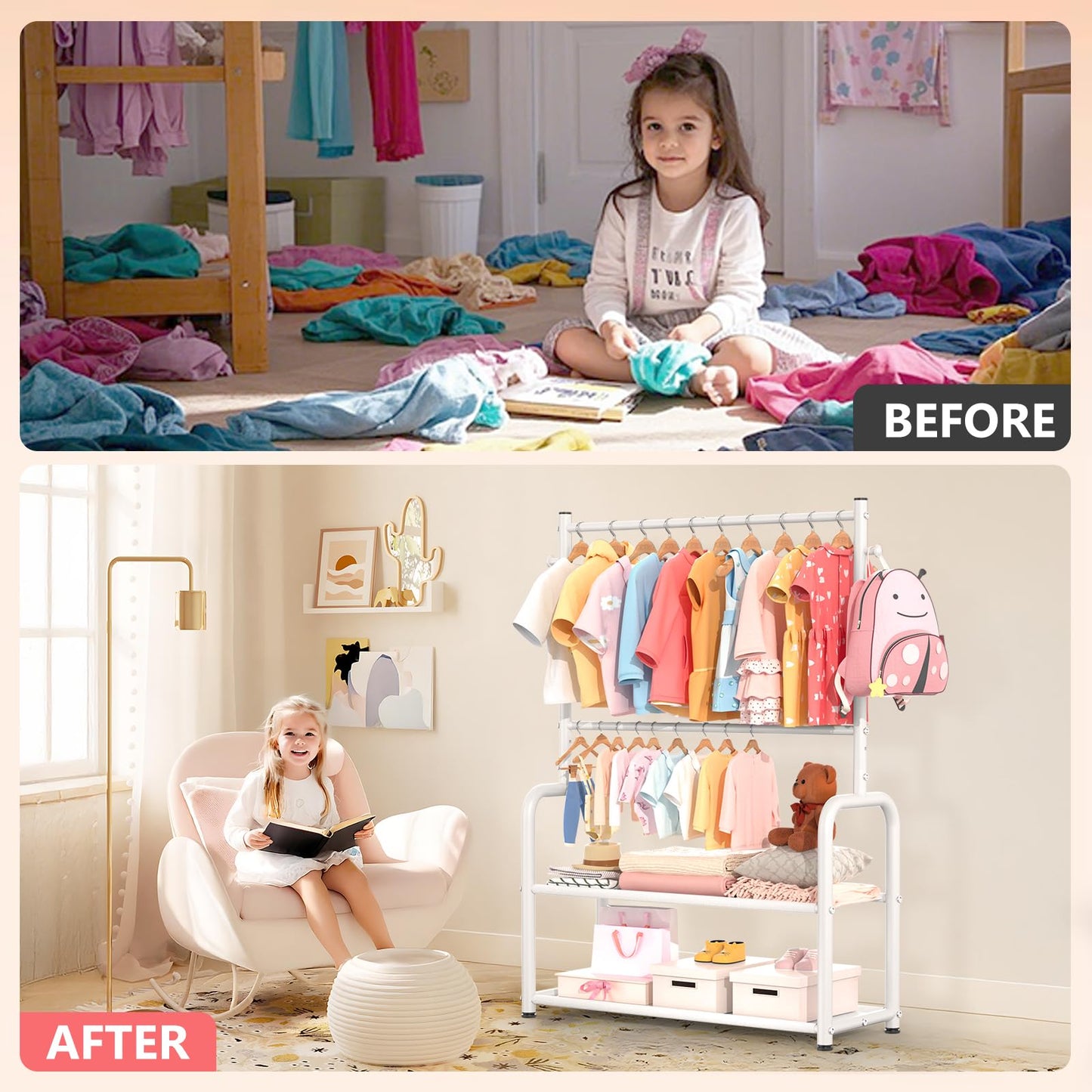 ZHKINGGS Kids Clothing Rack with 2-Layer Storage Shelf and 2 Adjustable Hanging Rods, Dress Up Rack for Hanging Clothes,Dress up Storage for Baby Toddle Kids(Classic, White)