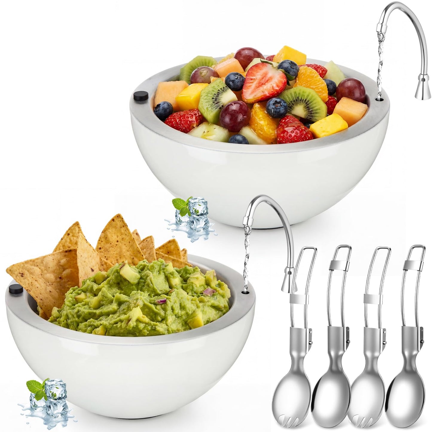 LemonRoad 2 Pack 16 oz Chilled Dip Bowl Stainless Steel Double Walled Ice Serving Bowl with 2 Sporks Spoons Cold Serving Dish for Parties Hummus, Salsa, Guacamole, Sauces, Pasta (White)