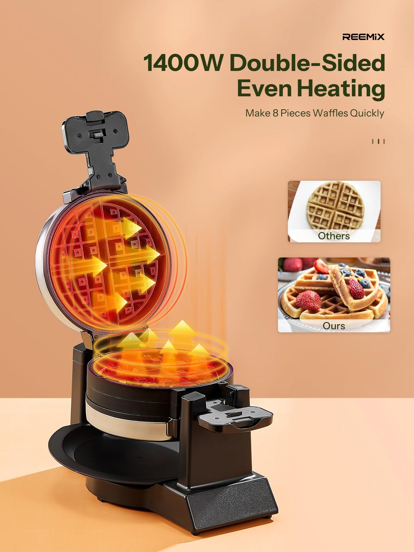 Classic Waffle Iron, Double Belgian Waffle Maker 180°Flip, 1400W Waffle Iron 8 Slices, Rotating & Nonstick Plates with Removable Drip Tray, Cool Touch Handles, Stainless Steel (8 Slices)