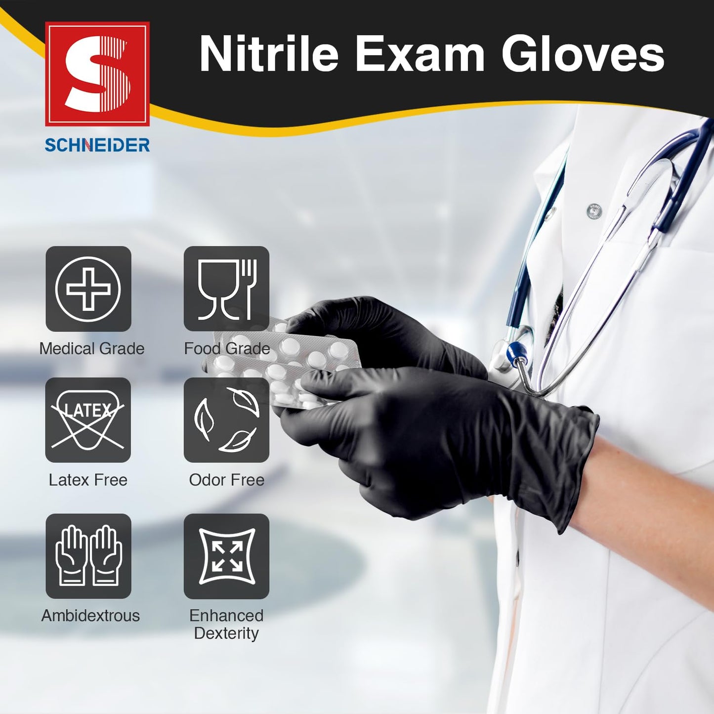 Schneider Nitrile Exam Gloves, Black Latex Free Powder Free Disposable Gloves for Medical, Cooking, Cleaning, and Food Prep (Large, 1000)