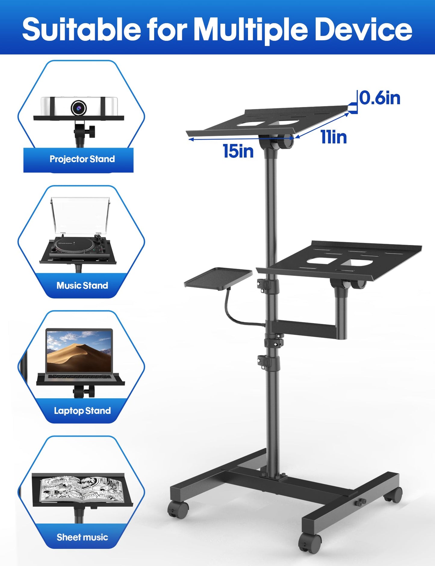 ORWOD Projector and Laptop Stand Tripod, 2 Shelves Mobile Laptop Tripod Stand, Max 47" Height Adjustable Laptop Cart on Wheels, Projector Floor Stand with Ventilated Tray for Podium, Meeting, Couch