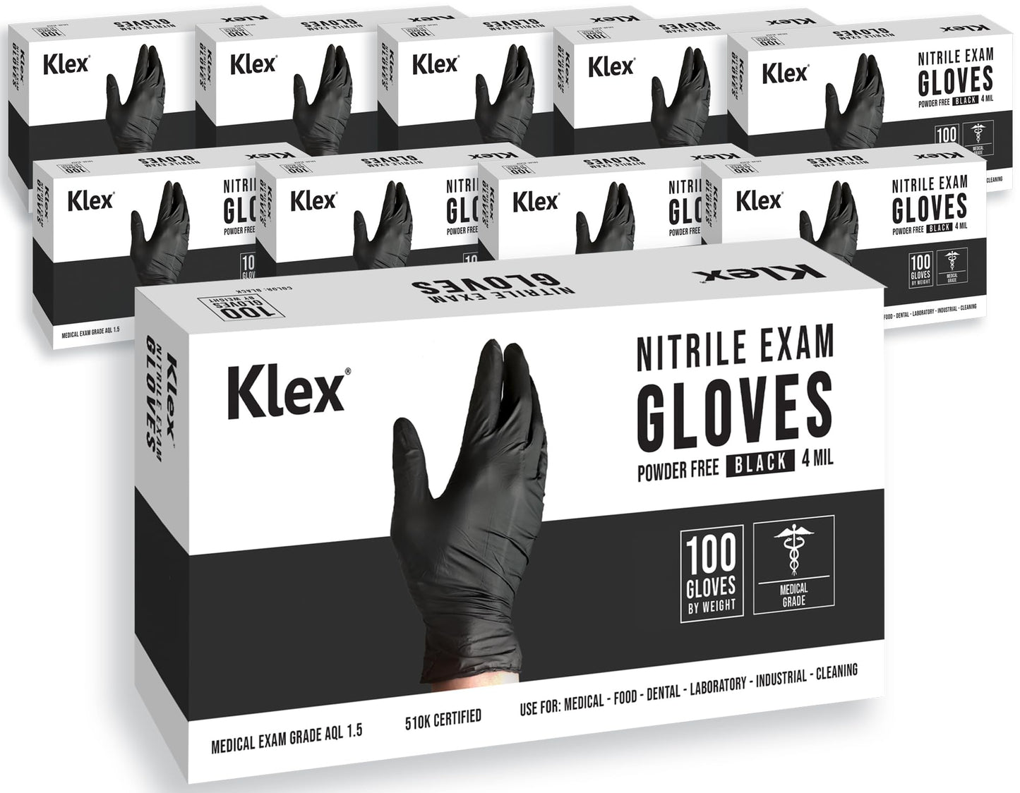 Klex Nitrile Exam Gloves - Medical Grade, Powder Free, Rubber Latex Free, Disposable Examination Grade Glove, Food Safe, Black, Medium, 1000 Count