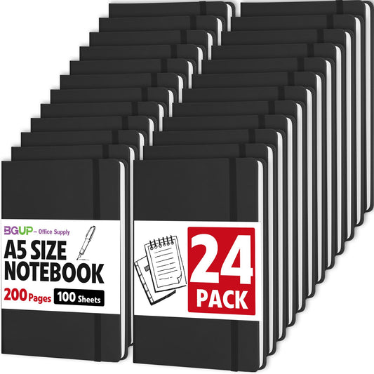 BGUP 24 Pack Lined Journal Notebook for Work, 200 Pages, Medium 5.5 in x 8.3 in, A5 College Ruled, Hardcover Journaling Notebooks for Writing, Note Taking, Fit for Business Work School Home (Black)
