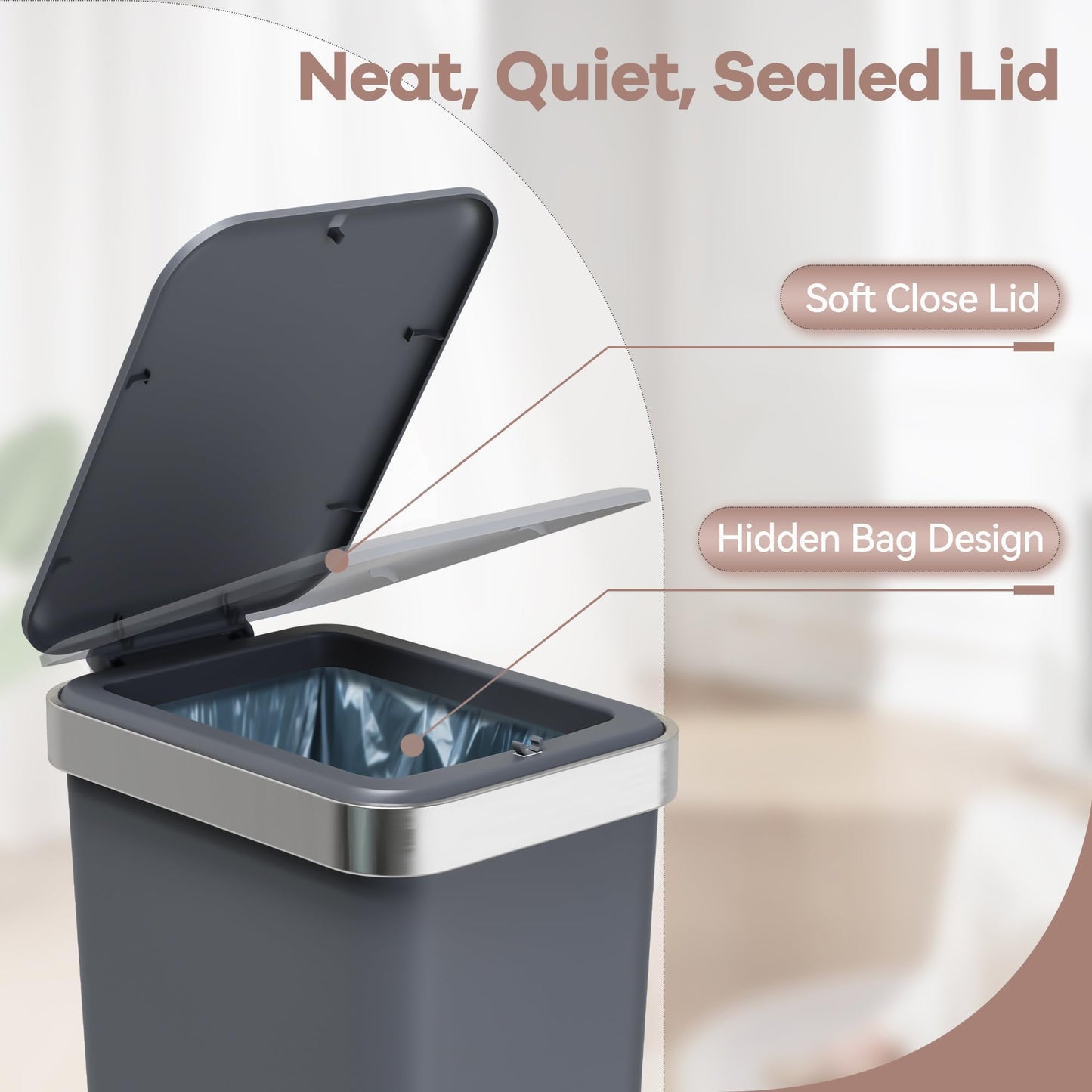onlcuk 2Pack Small Bathroom Trash Can with Lid Soft Close, 10 Liter/2.6 Gallon Slim Garbage Can-Metal Step and Press top Lid, Mini Modern Waste Basket for Toilet, Office, Bedroom,Dorm,Dark Gray