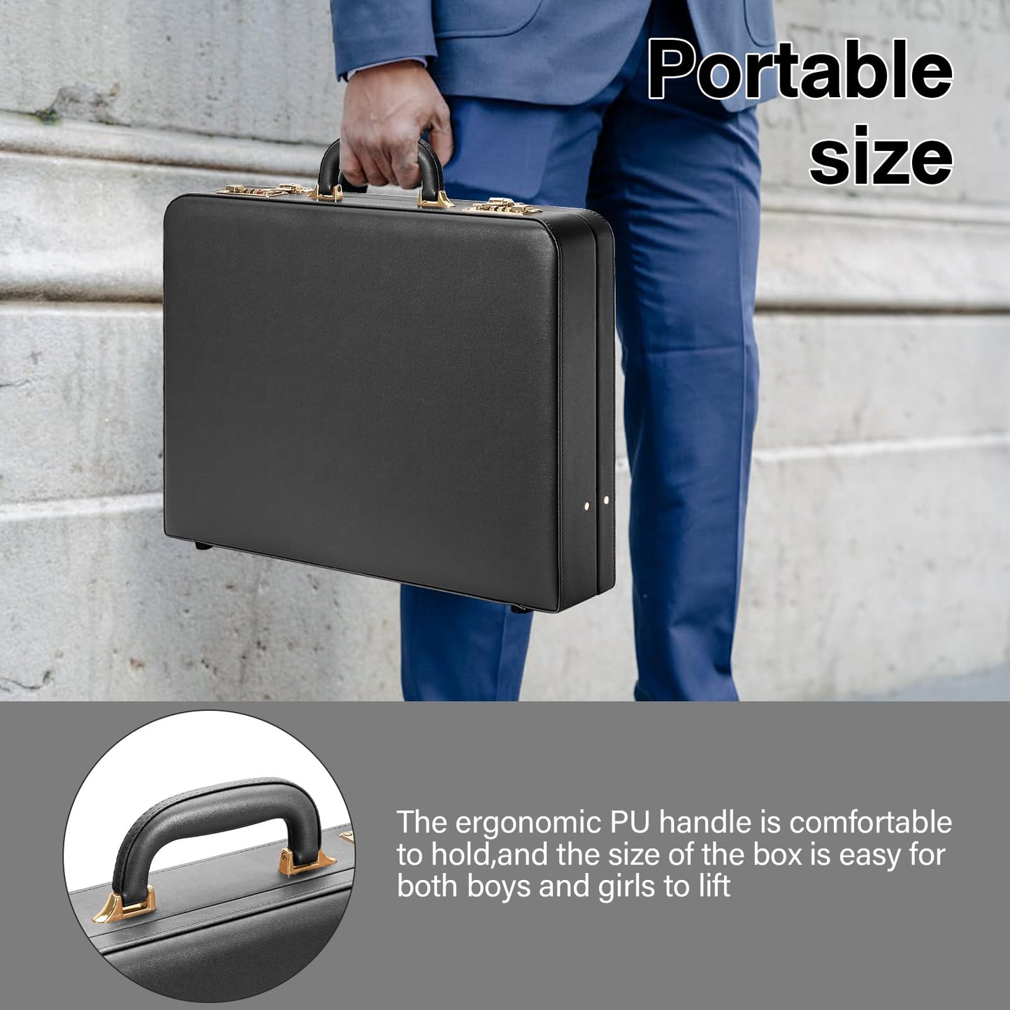 BAGAKE Briefcases - 18.1 x 3.47 x 16.14 Inch Attache Briefcase with Dual Combination Lock, PU Leather Locking Briefcase for Personal Items, Documents, Laptop, Phone, Passport, Valuables - Large/Black
