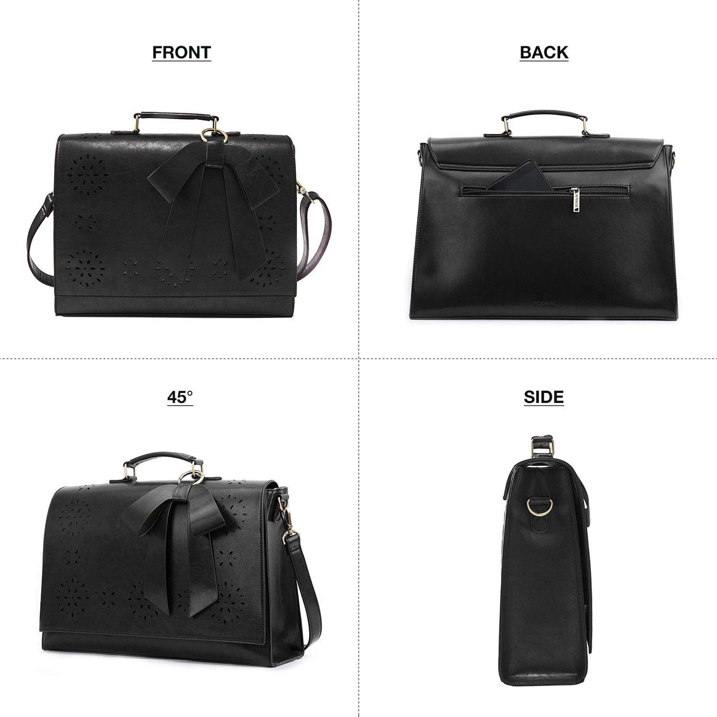 ECOSUSI Women's Briefcase Vegan Leather 15.6 inch Laptop Bag for Work Computer Shoulder Satchel Bag with Detachable Bow, Black