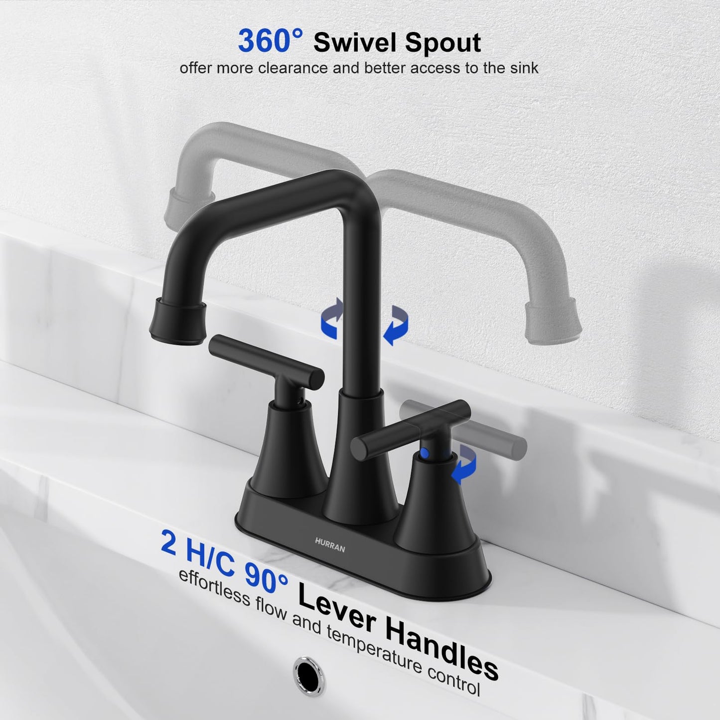 Matte Black Bathroom Sink Faucet, Hurran 4 inch Bathroom Faucets for Sink 3 Hole with Pop-up Drain and Supply Hoses, 360 Swivel Spout Centerset Faucet for Vanity RV Farmhouse, 2 Pack