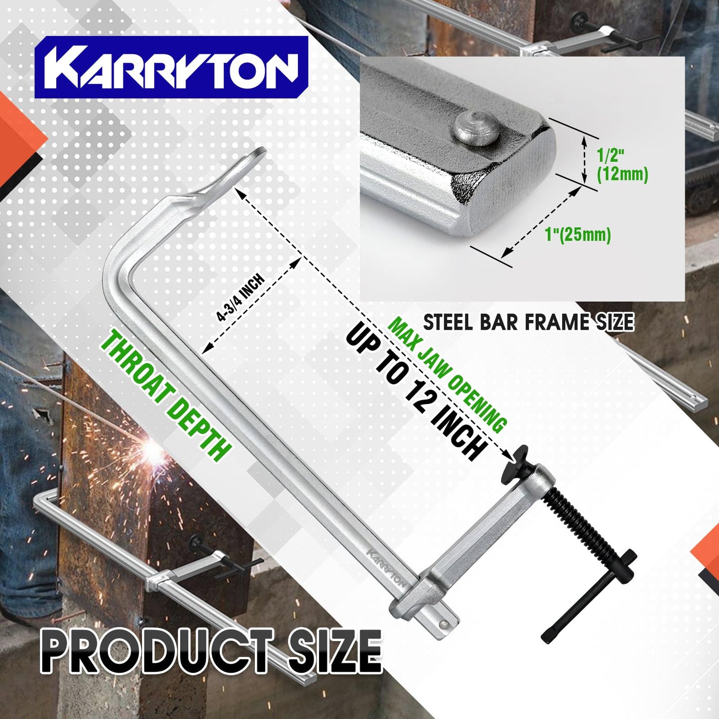 KARRYTON 4-Pack Heavy Duty 12"(300x120mm) F-Clamp w/ 4-3/4" Throat Depth, Bar Size 1"x15/32", 1400LB Clamping Force, Drop Forged Steel Bar Clamps for Wood, Metal, Pipe, Welding and DIY Projects