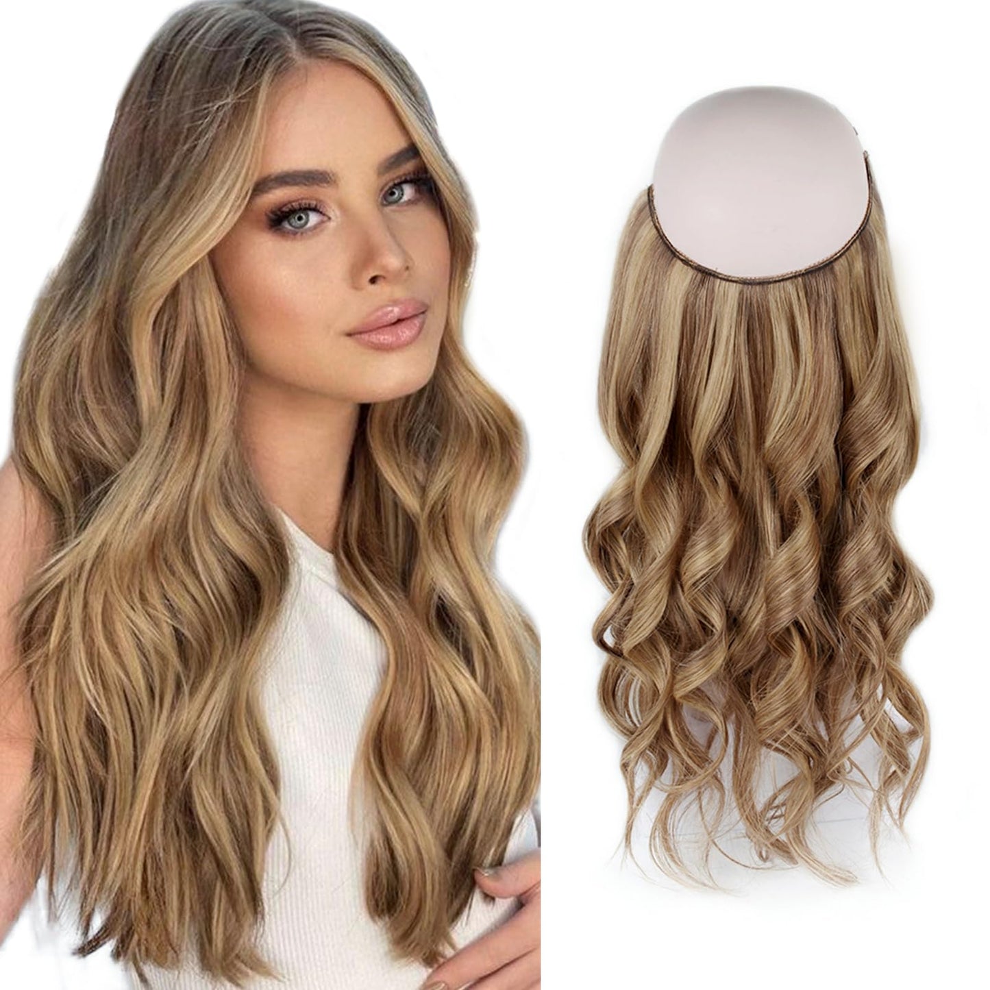 Sassina Invisible Wire Hair Extensions Real Human Hair with Transparent Wire Adjustable Size Secure Clips Natural Straight Secret Miracle Hairpiece, Highlight P6-12 18 Inch 80 Gram