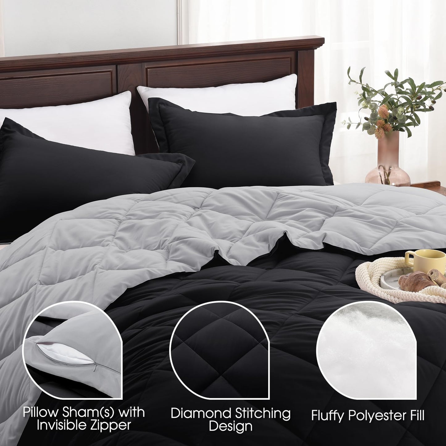 Basic Beyond California King Comforter Set, Black Comforter Set California King for All Seasons, 1 Comforter 104"x96" and 2 Pillow Shams 20"x36"+2"