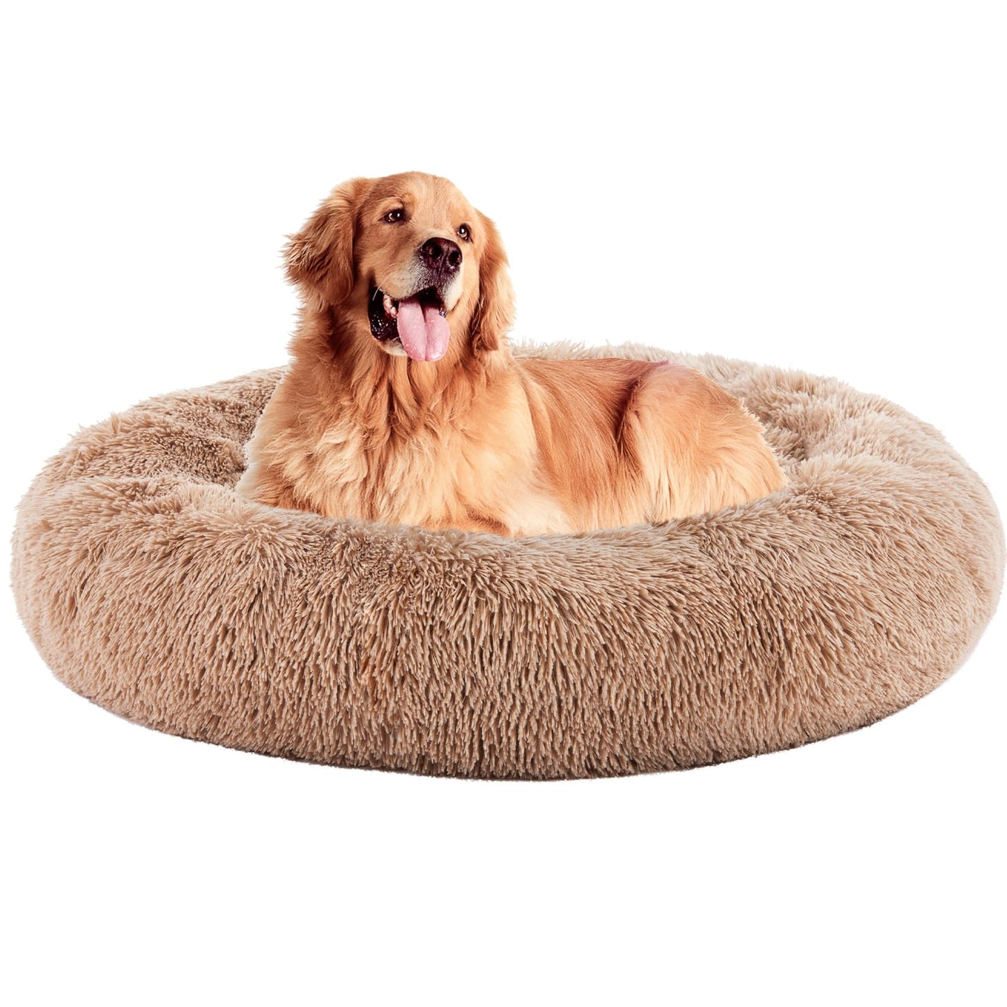 DUMOS 37.4x37.4 Inch Calming Donut Dog Beds for Large Dogs, Machine Washable Cuddler Warming Cozy Fluffy Faux Fur Plush Round Pet Bed, Anti-Slip Bed for Indoor Dogs and Cats, Brown