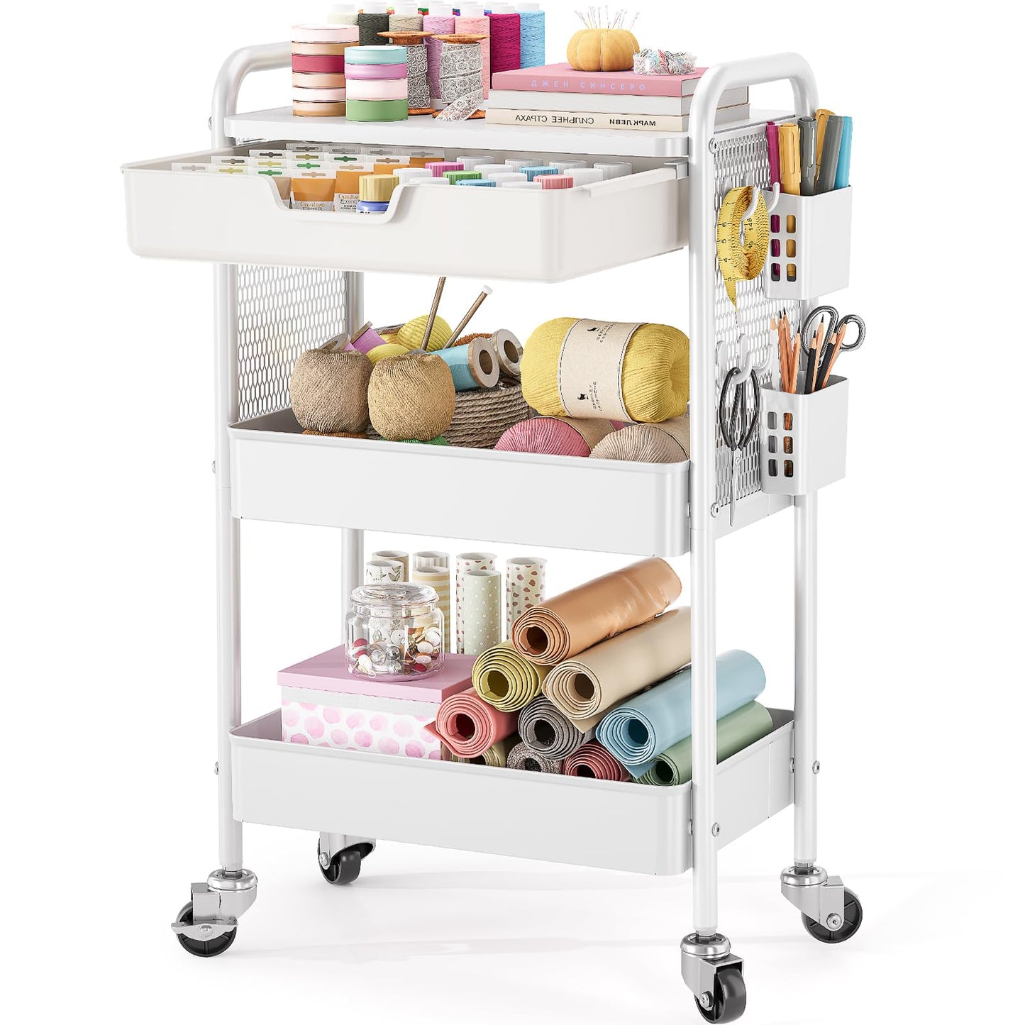 3 Tier Metal Rolling Utility Cart with Drawer & Pegboard - Multifunctional Storage Cart on Wheels with Tabletop, Hooks & Basket, Sturdy Craft & Art Cart for Bathroom, Bedroom, Children Room, White