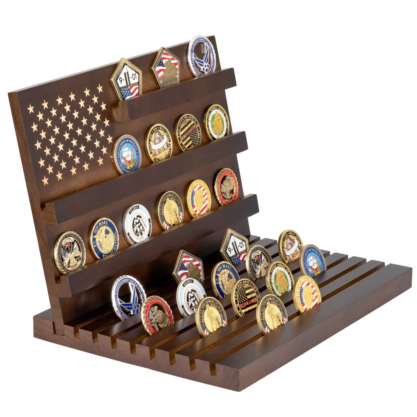 Yncotte Challenge Coin Display, Slotted Stands Military Coin Holder Display Rack Solid Wood for Army Coin Collection Desk Tabletop Decorative Stands, Large Capacity of 80 Coins 8 Raw (Walnut)