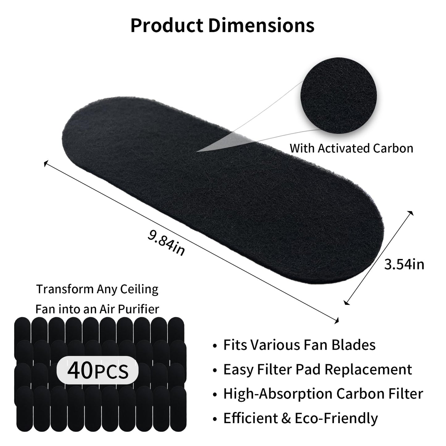 Amestar 40 Pack Ceiling Fan Filters for Blades, Black Ceiling Fan Air Purifier Pads, Dust Catcher Activated Coconut Carbon Ceiling Fan Filter Accessories