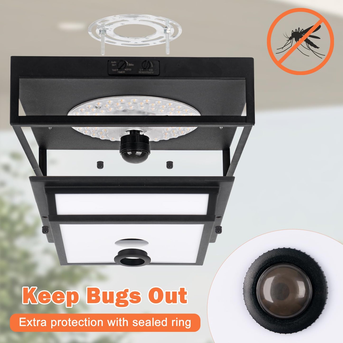 LED Motion Sensor Outdoor Ceiling Light, Modern Black Flush Mount Ceiling Light, 10.5" Square Dusk to Dawn Exterior Light, Waterproof Light Fixture Ceiling Mount for Porch, Garage, Entryway ,Farmhouse