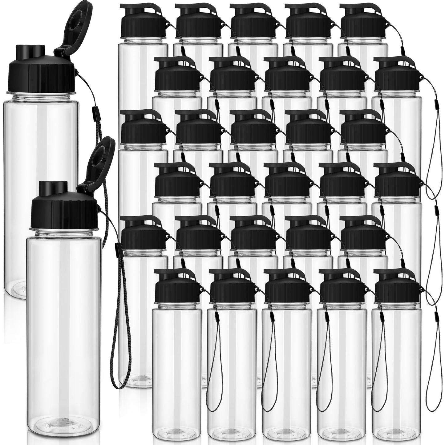 Maxcheck 30 Pieces Water Bottle Bulk 17 oz Plastic Sports Water Bottles Bulk with Handle Strap Lightweight Leakproof Drink Flip Top for Adults Fit Gym(Classic Style,Black)