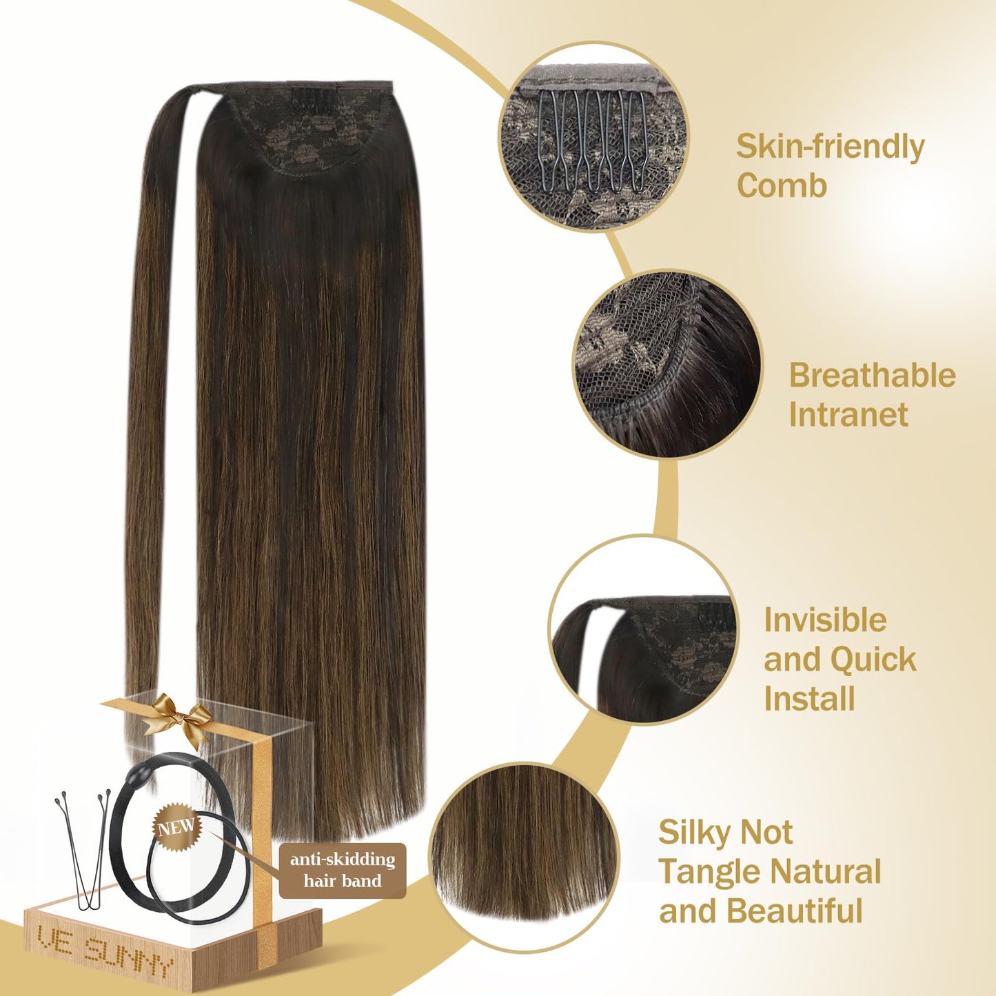Ve Sunny Ponytail Extension Human Hair Dark Brown Clip in Ponytail Human Hair Brown Human Hair Ponytail Darkest Brown Balayage Medium Brown Human Ponytail Extension for School 80g 16inch