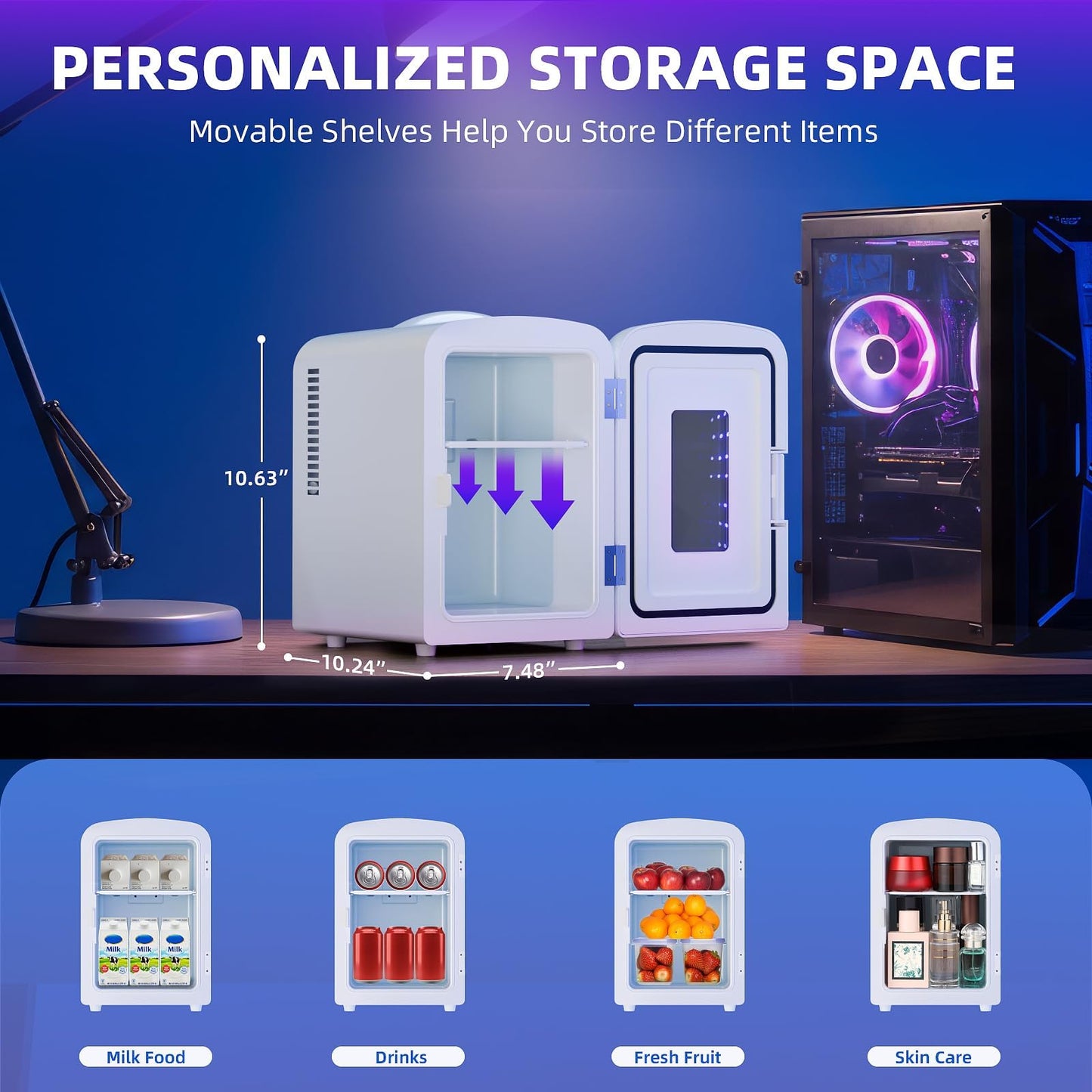Antarctic Star Mini Fridge 4 Liter/6 Cans Portable Mini Compact Refrigerator with Gaming Light, for Bedroom,Car,Office and Dorm, Small Cooler for Cosmetics, Beverage and Food, White