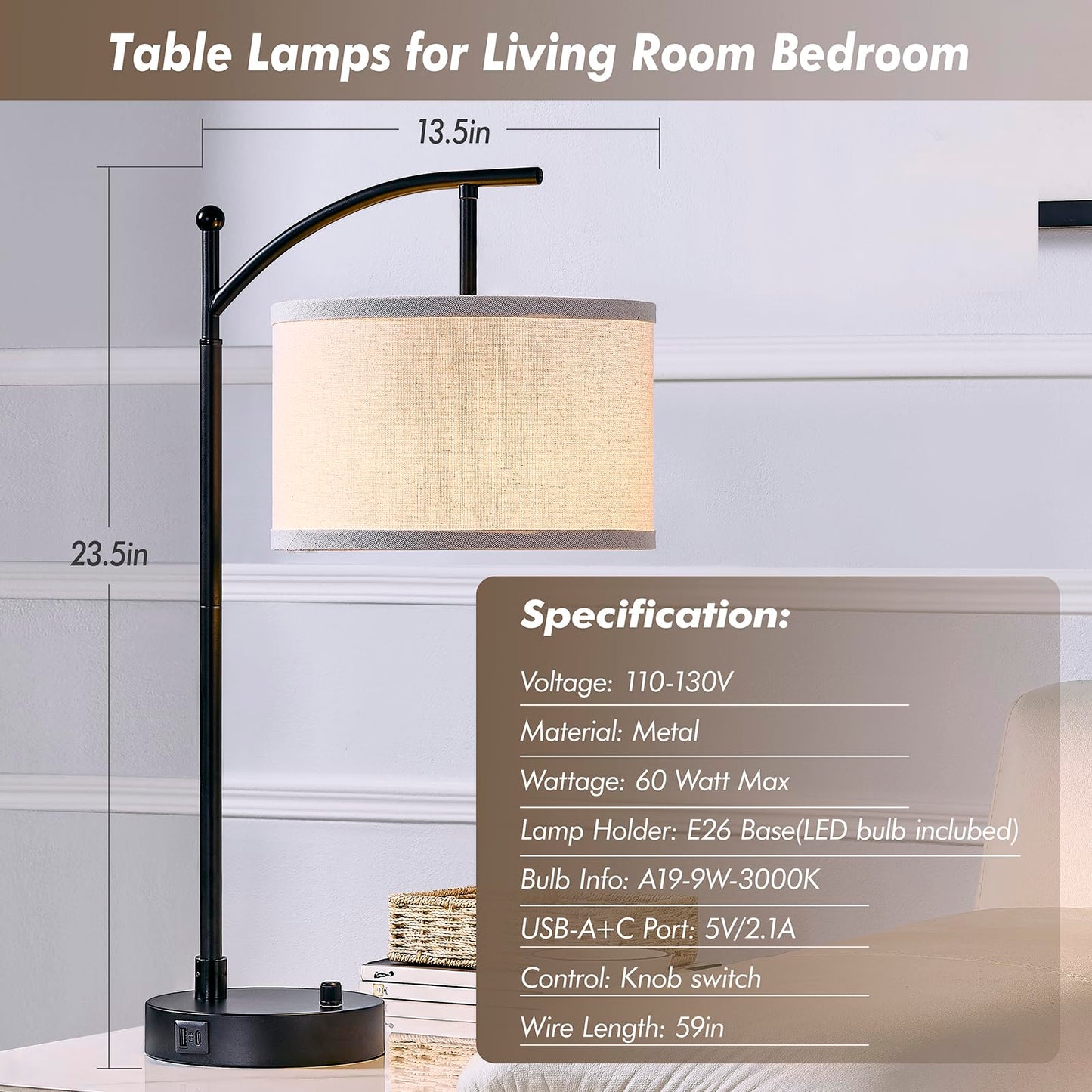 Hikczc Table Lamp for Living Room Bedroom, 23.5" Table Lamps Set of 2 with USB C+A Ports, Bedside Lamps for Nightstand with Linen Lamp Shades, 2 Dimmable LED Bulbs Included, Black