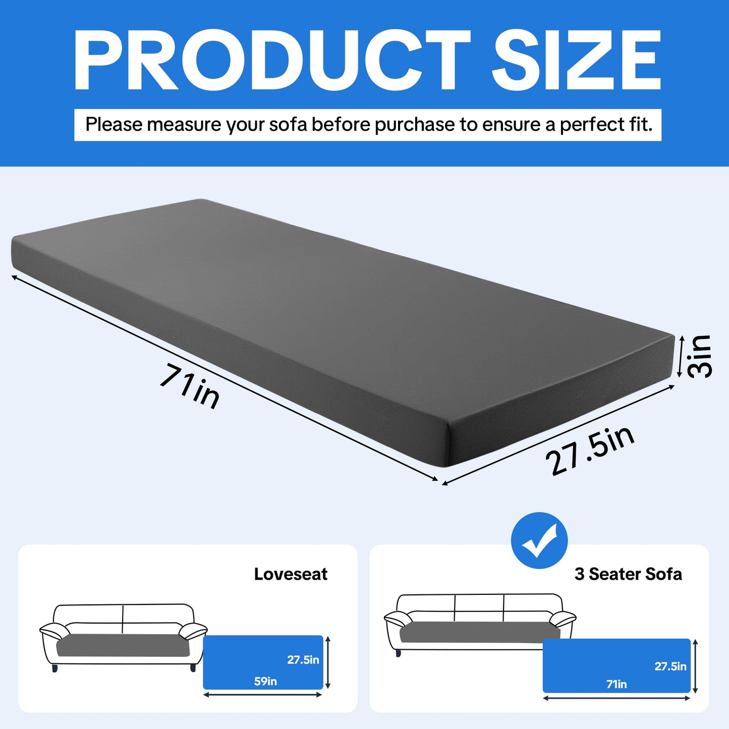 HOMBYS 3 Inch Foam Sofa Topper Pad, Foam Couch Top Pad with Removable Washable Cover, Couch Cushion for Enhanced Comfort & Furniture Protection(71 * 27.5 * 3in)