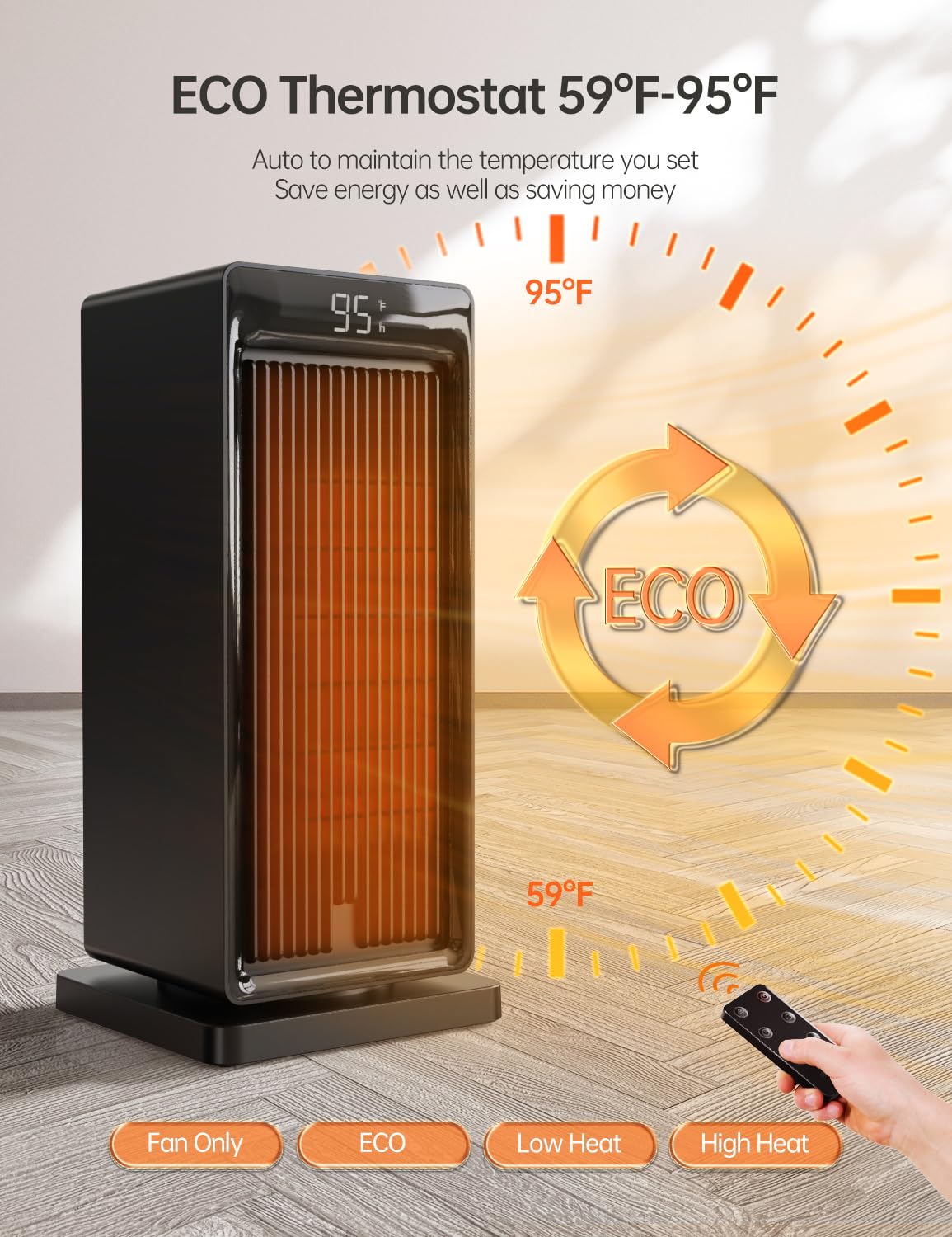 SANVINDER Space Heater, 1500W Space Heaters for Indoor Use Electric Heater for Bedroom, ECO Thermostat 90° Oscillating 24H Timer, Fast Heating, Remote Control, Safe for Home Office Room