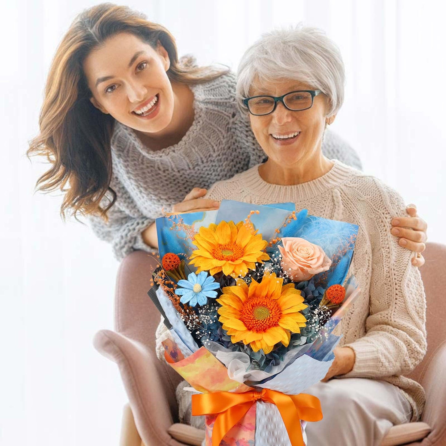 Jtoder Forever Flowers for Delivery, Preserved Sunflower Bouquets, Long Lasting Roses, Eternal Flower Bouquet with Gifts Box for Mother Wife Girlfriend on Festivals Birthday Anniversary (Blue)