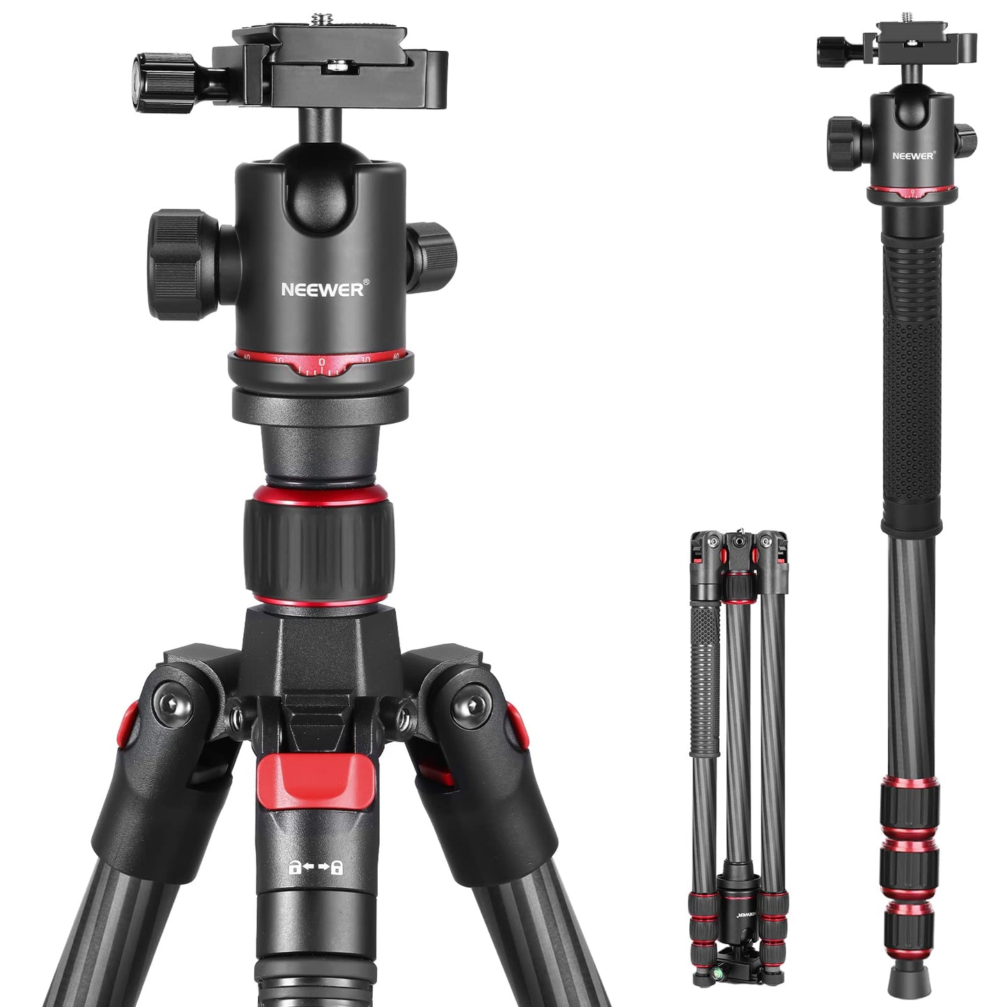 NEEWER 66"/168cm Carbon Fiber Tripod for Camera with 360° Panorama Ball Head, 1/4" Arca QR Plate, Portable Bag, Compact Travel Tripod Monopod for DSLR Video Camcorder, Max Load 26.5lb/12kg, N55C