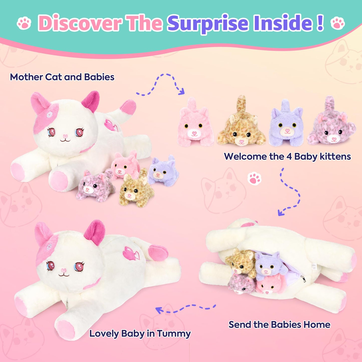 Onsoyours Original 5PC Cat Stuffed Animals with Babies Inside, Kawaii Kiity Plush with Mommy & 4 Kittens - Cute Plushies Toys for Girls Kids (Pink)