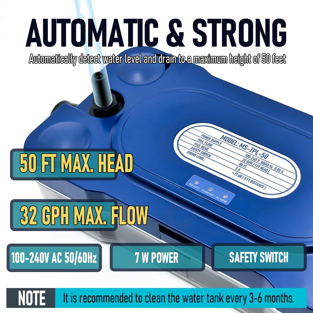 50 FT Lift 32 GPH HVAC Condensate Pump, 115V/230V Ultra Quiet (＜17dB) AC Condensation Removal Pump with Automatic Safety Switch for Air Conditioner, Furnace, Dehumidifier, Ice Maker