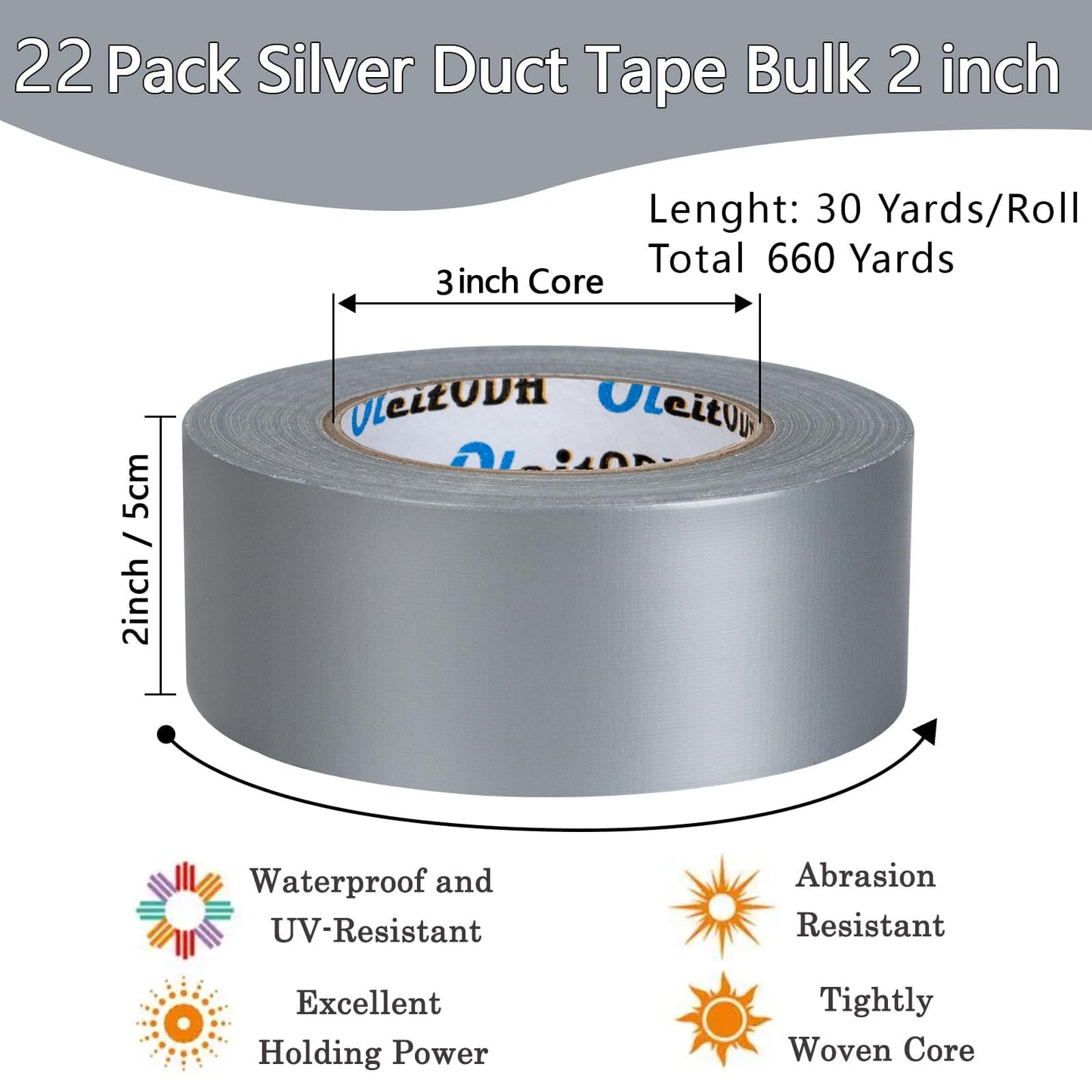 22 Pack Silver Duct Tape Bulk, 2 inch X 660 Yards, Heavy Duty Waterproof, Strong No Residue All-Weather Duct Tape, Tear by Hand, Multi-Use for Indoor & Outdoor Repairs, Industrial, Professional Use