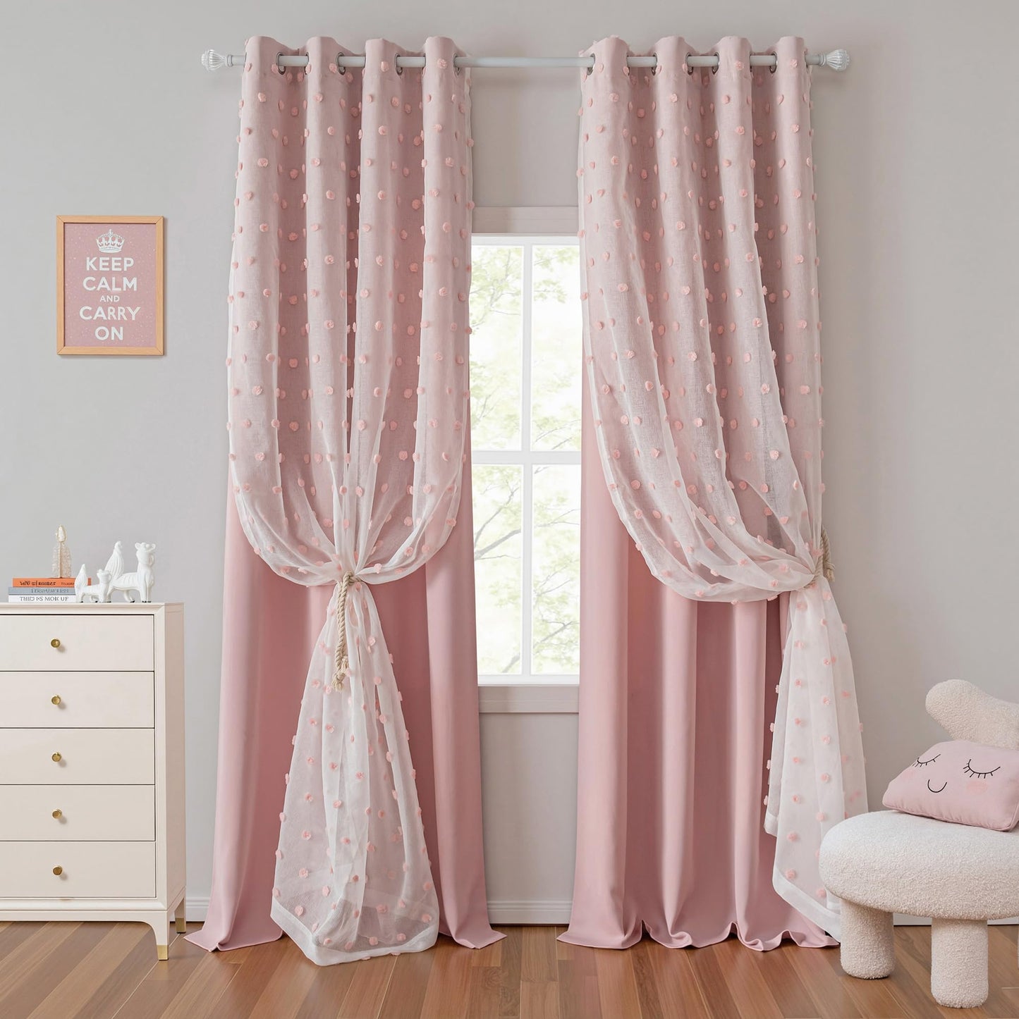 MYSKY HOME Pink Curtains for Girls Bedroom Pom Pom Sheer Curtain 63 Inches Length Thermal Insulated Nursery Blackout Curtains Room Darkening Short Kitchen Drapes Grommet, 52 x 63 in, 2 Panels
