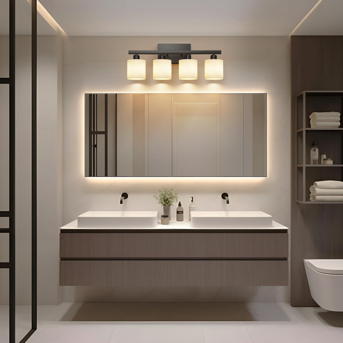 PARTPHONER Classic Vanity Lights, Modern Bathroom Vanity Light with Textured White Glass Shade, Matte Black, 4-Light