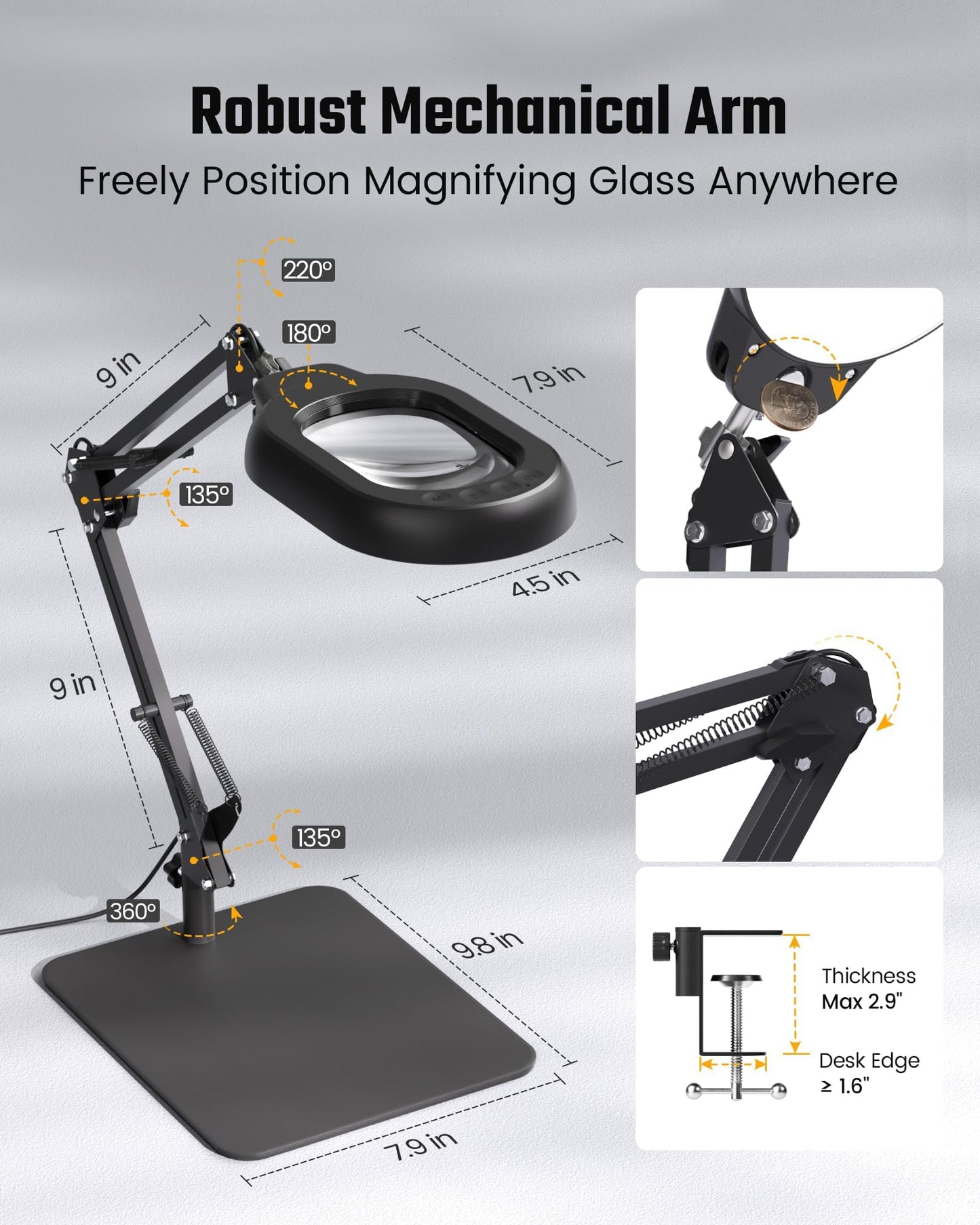 ONLYWIN Magnifying Desk Lamp, 10X Square Magnifying Glass with Light and Stand, Dimmable LED Magnifier Lamp with Clamp and Base, Adjustable Swing Arm Light for Close Work, Reading, Crafting, Black