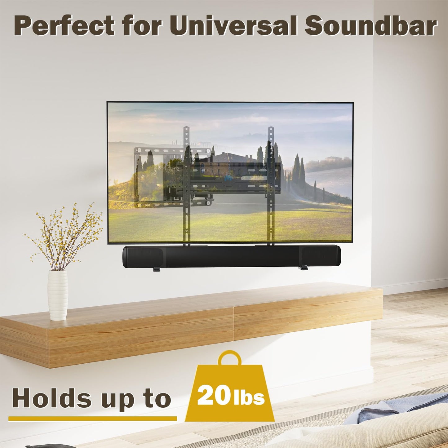 Mounting Dream Soundbar Mount Sound Bar TV Bracket with Holes/Without Holes, Non-Slip Base Holder Extends 3.4" to 6.1", Up to 20 LBS, Safe and Easy to Install MD5425