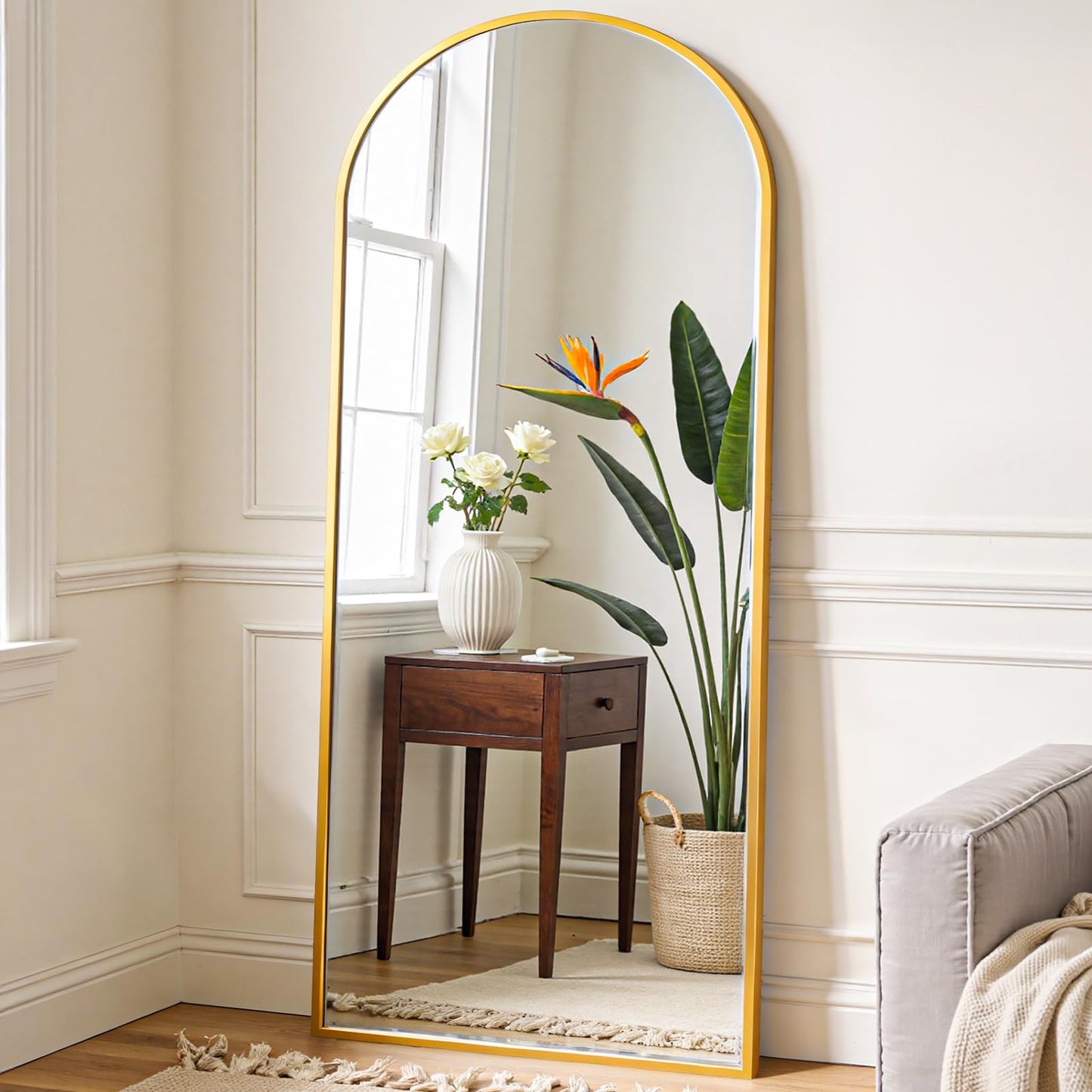 OLIXIS 64"x 21.5" Arched Mirror Full Length, Full Body Mirror with Stand, Hanging or Leaning for Wall, Floor Standing with Shatter-Proof Glass for Bedroom, Living Room, Long, Gold