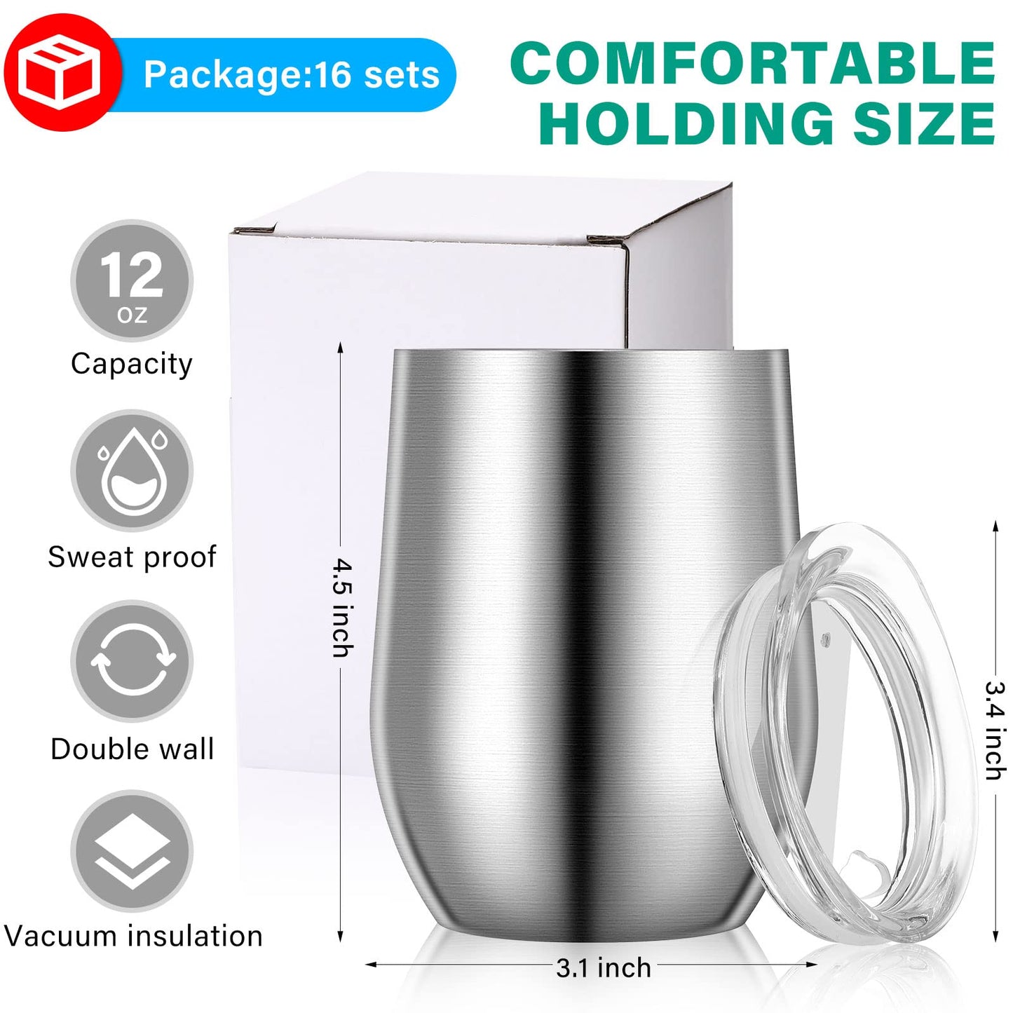 Remagr 16 Pack Stainless Steel Wine Tumblers 12 oz Insulated Vacuum Wine Cup Set Double Wall Stainless Steel Stemless Mug Glasses for Coffee Soda Whiskey Outdoor Travel (Silver)