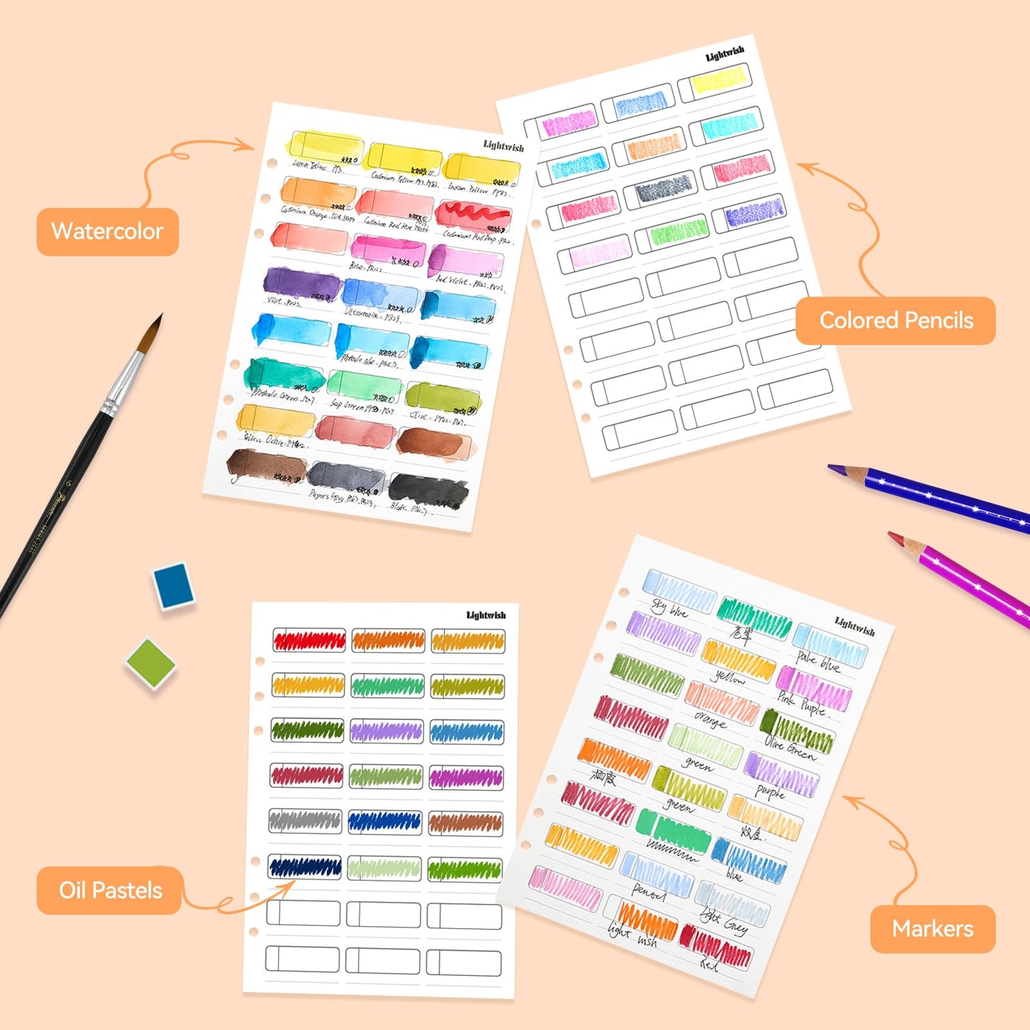 LIGHTWISH Watercolor Swatch Paper Bulk - 100% Cotton Hot Press 300gsm/140lb, 2 Pack, Total 40 Sheets 24 Spaces A5 Hole-Punched Replaceable Paper for Watercolor, Gouache, Oil Pastels,5.8 * 8.2 Inches