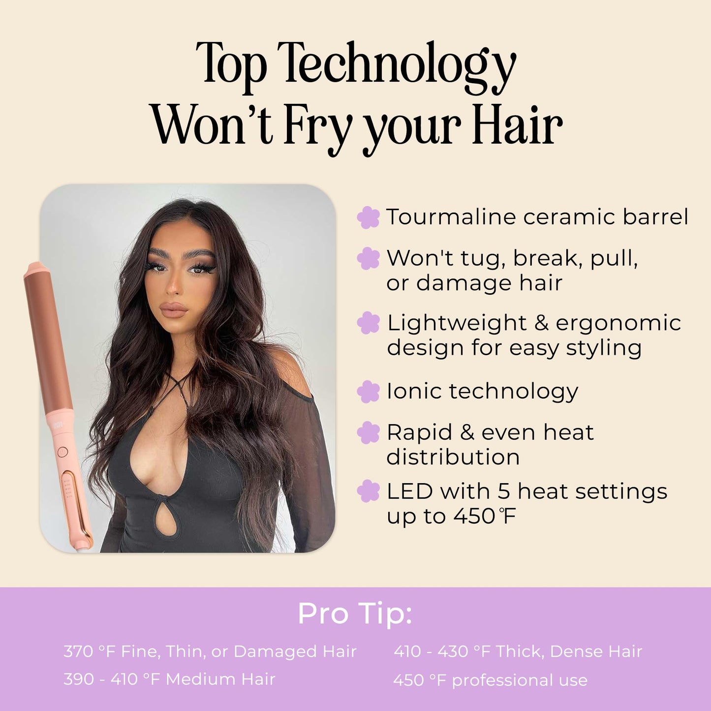 INH Hair Extra Long Oval Barrel Curling Iron with Tourmaline Ceramic Wand & Ionic Technology for Longer Looser Curls with Z-Formation | Best Hair Clamp Free Wand for Frizz Free Hollywood Blowout