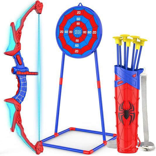 Bow and Arrow Set for Kids, LED Light Up Shooting Game with 7 Suction Cup Arrows, Quiver and Standing Net Lens Indoor Outdoor Birthday Gifts for Boys Age 4 5 6 7 8 9