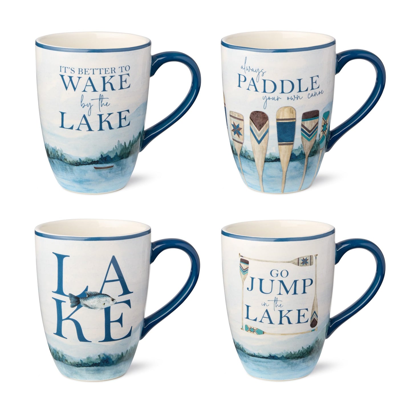 Wake at the Lake 14-Ounce JUMBO Mugs, Set of 4, Lakeside-Inspired Designs with Oars & Water Scenes, Durable Ceramic, Dishwasher & Microwave Safe, Cozy Coffee & Tea Cups for Everyday Use