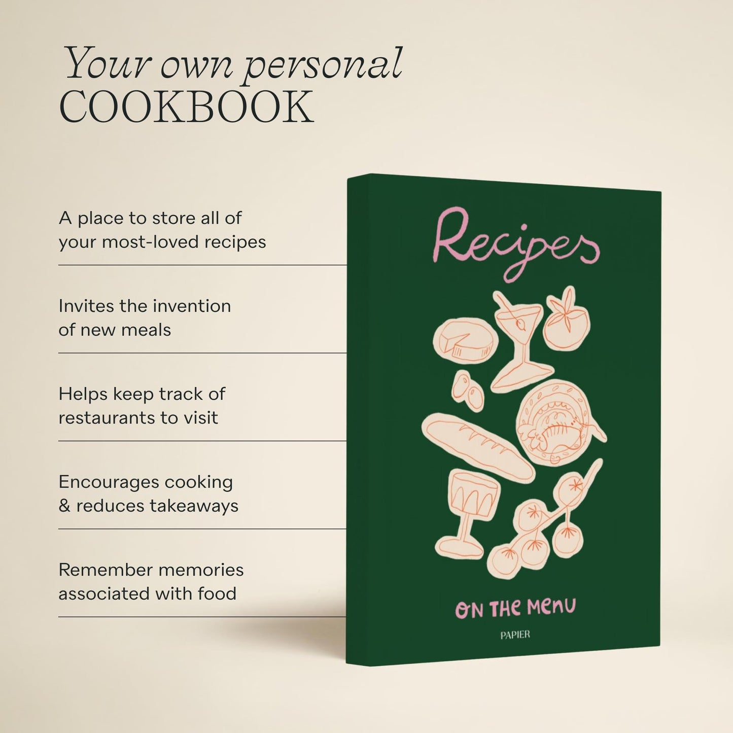 Papier Al Fresco Recipe Journal - Hardback | Blank Space To Plan Breakfast, Lunch, Dinner, Dessert | Foodie Gift | Write Your Own Recipes, Note Ingredients & Tips | Includes Size & Temperature Chart