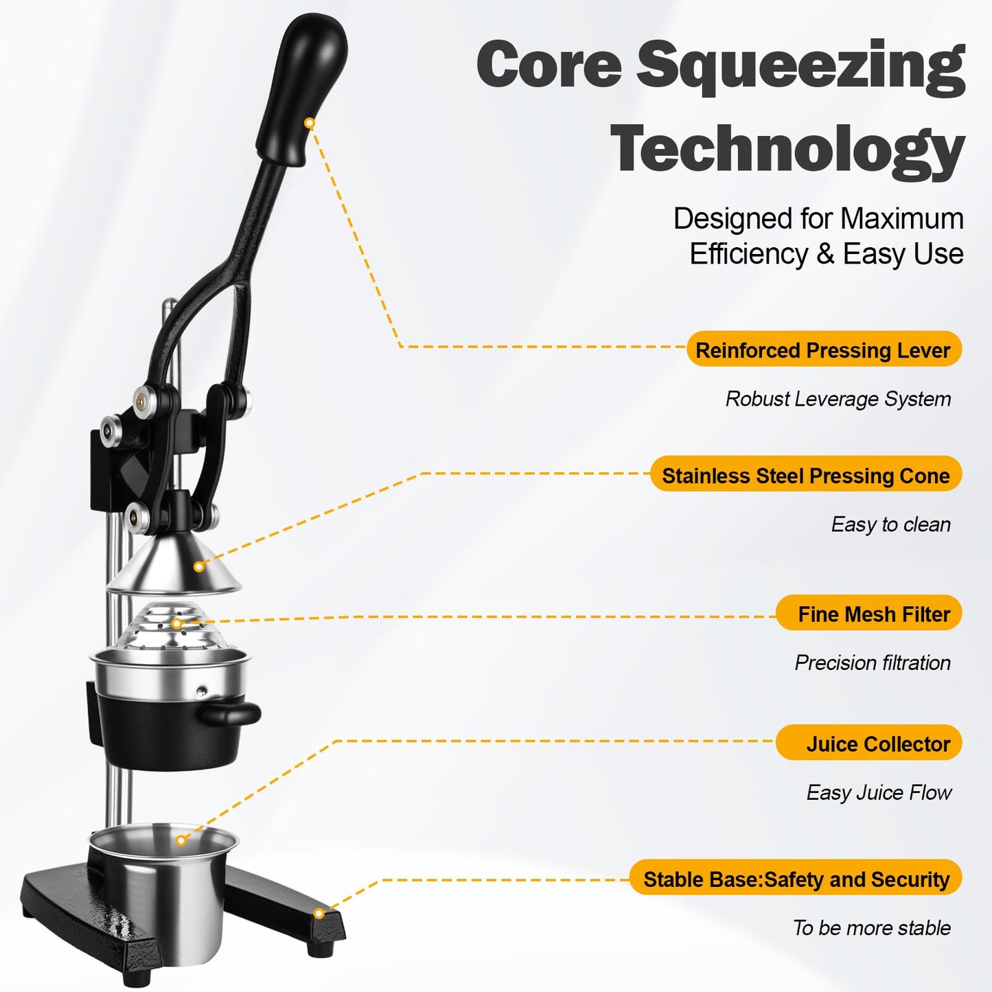 YDXHXH Lemon Squeezer Manual Citrus Juicer Press, Heavy Duty Cast Iron Orange Juicer with Stainless Steel Cone, Commercial Lever Juice Press for Lemon, Lime & Citrus Fruits, Easy to Clean