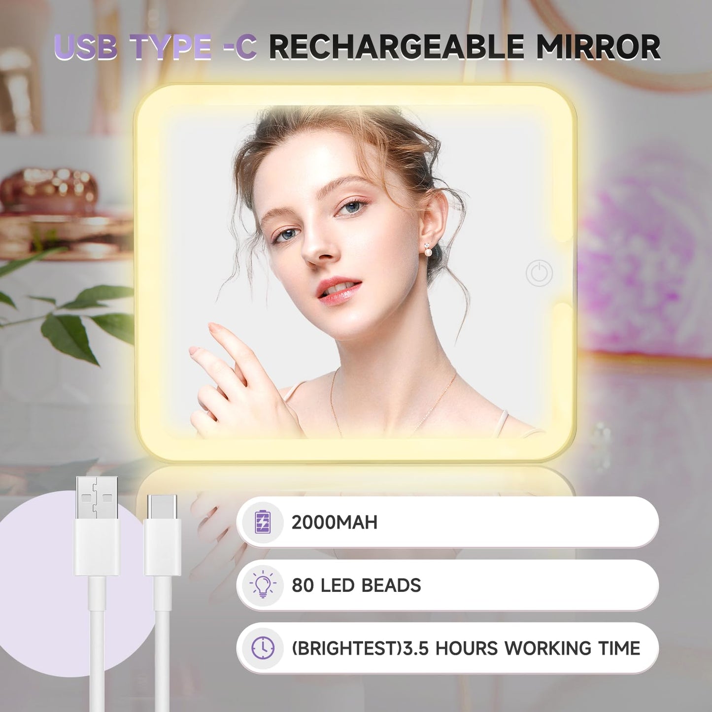 Leeora&Leekoo Makeup Box with A Detachable Lighted Mirror, Waterproof Travel Train Case, Cosmetic Organizer and Makeup Suitcase with Adjustable Dividers, LED Mirror (Black, Plane)