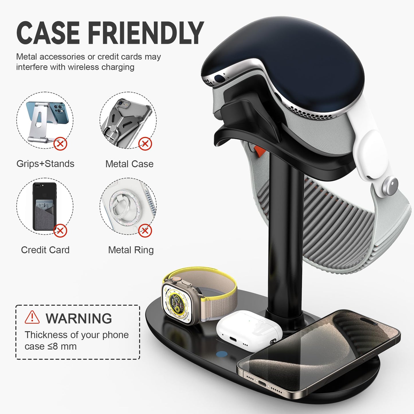 Stand for Apple Vision Pro with Wireless Charger, Suguder 4 in 1 Headphones Holder with Charging Station for AirPods Max/Pro/3/2 iWatch 10/9/8/7/6/5/4 iPhone 16/15/14/13/12 for Desktop Table Game