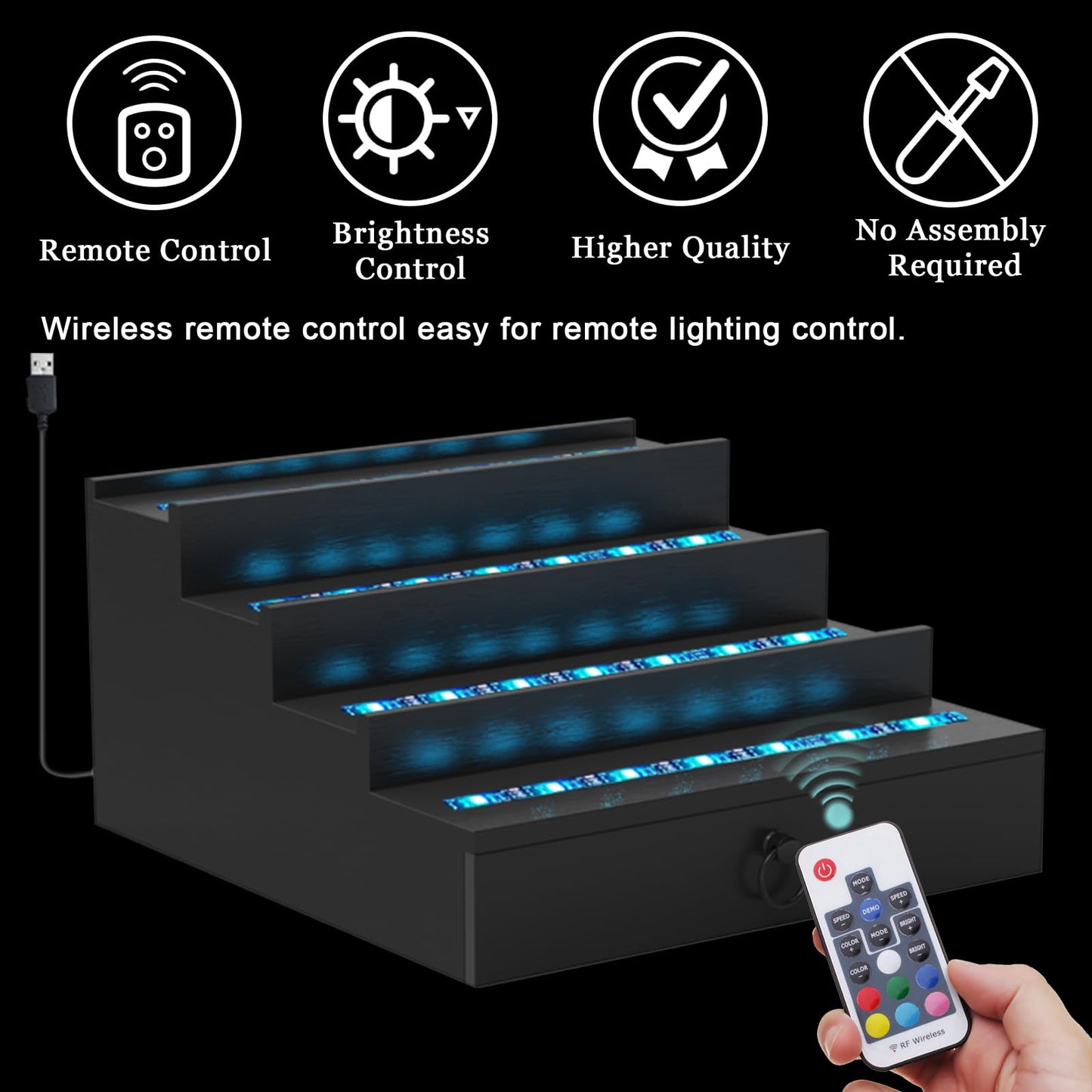 LED Lighted Cologne Organizer for Men, 4 Tier Wood Perfume Organizer with Velvet Lined Drawer, Multi Lighting Modes Perfume Display Holder with Remote Control, Cologne Shelf Stand, Nice Gift for Men