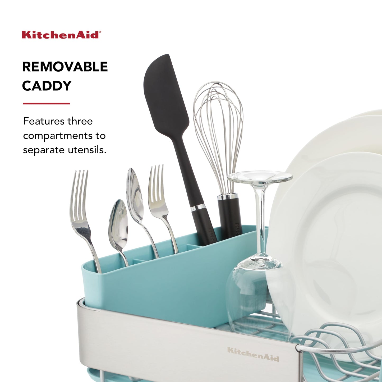 KitchenAid Compact Space Saving Rust Resistant Dish Rack with Removable Flatware Caddy and Angled Self Draining Drainboard, 12.63 x 15.87 x 5.54 Inch, Mineral Water