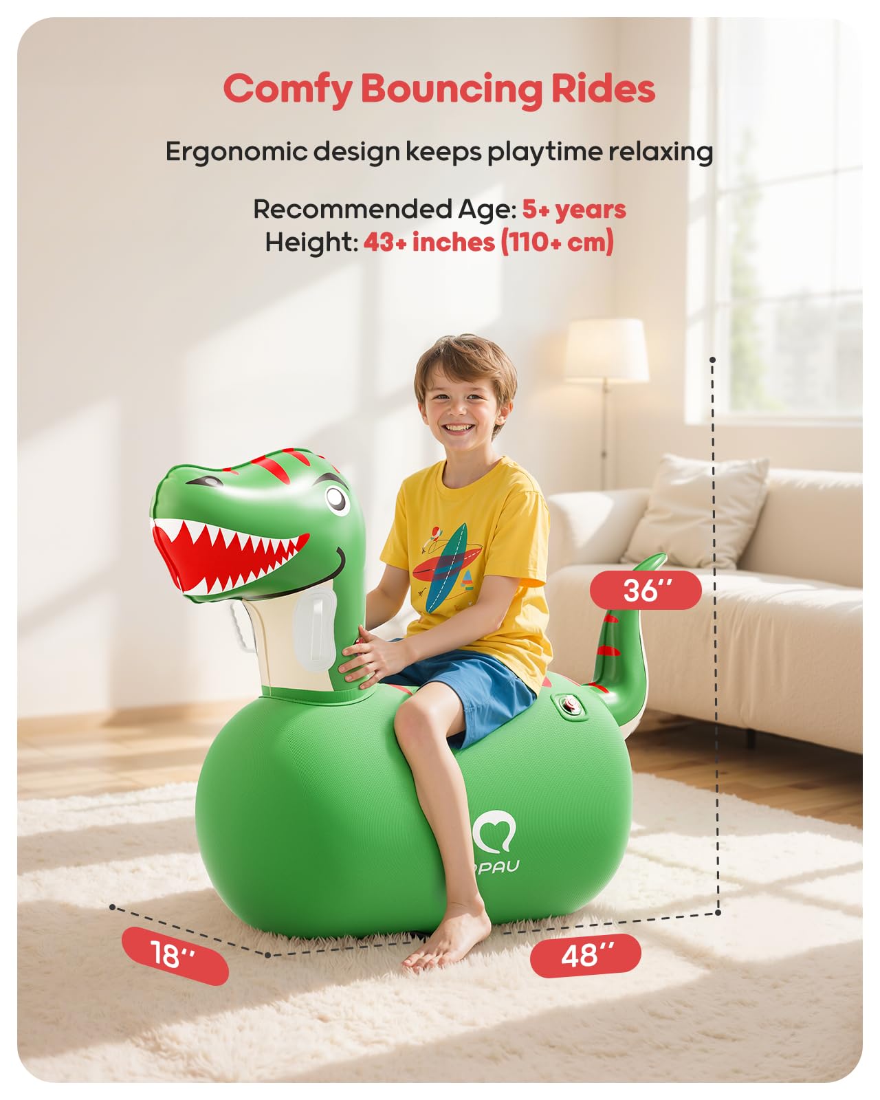 QPAU Inflatable Bouncy Dinosaur 2 PCS with Hand Pump, Heavy Duty Giant Bouncy Pal, 220lbs Load Capacity, Bouncy Animal Hopper Toy, Indoor Outdoor Hopping Horse for Girls Boys Ages 5+