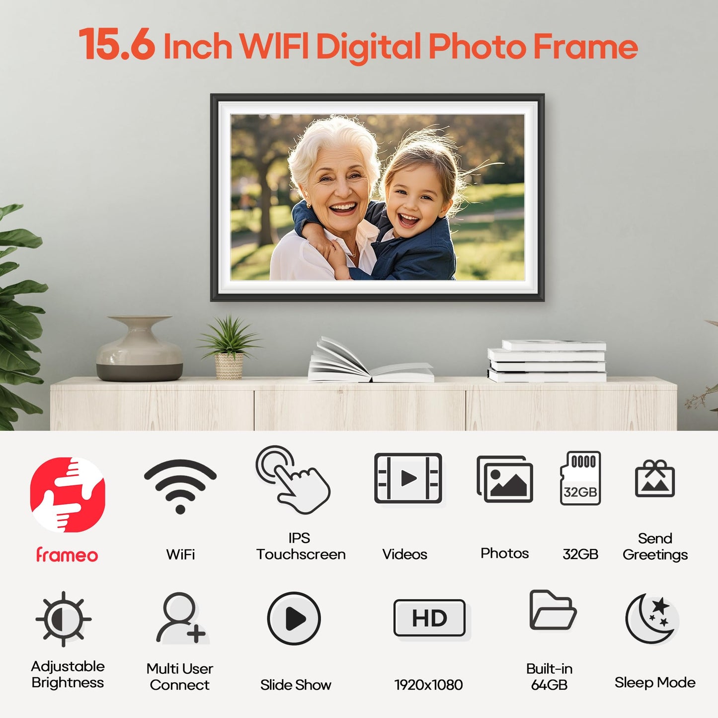 64GB Frameo 15.6" Digital Picture Frame Large 1920 x 1080 IPS FHD Touch Screen WiFi Electronic Photo Frames Share Moments Instantly Anywhere Photo Gifts for Parents and Grandparents